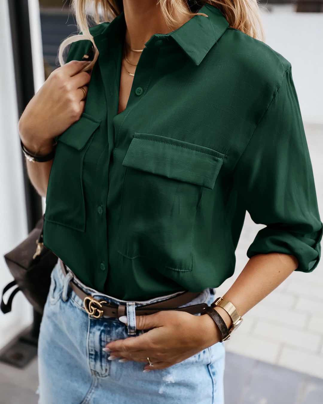 Дамска риза с джобове 5284 зелена 
