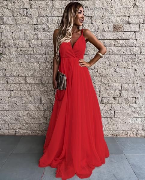 Дамска дълга рокля с тюл 2016 червена