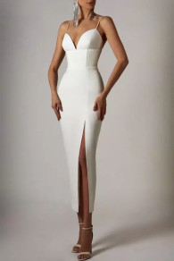 Дамска елегантна рокля с цепка 1971 бял 