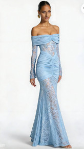 Дамска дълга дантелена рокля S45640 light blue