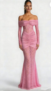 Дамска дълга дантелена рокля S45640 powder