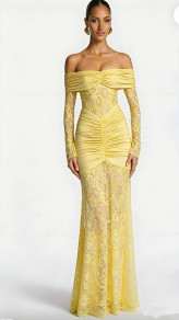 Дамска дълга дантелена рокля S45640 yellow