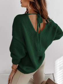 Дамски пуловер с ефектен гръб K87130 зелен 