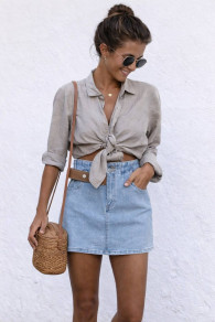 Дамска къса дънкова пола с кожен акцент TR776