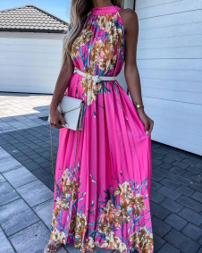 Дамска дълга рокля с флорални мотиви FG1425 розов 