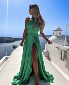 Дамска дълга сатенена рокля X6545 зелен 