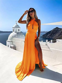 Дамска дълга сатенена рокля X6545 оранжев 