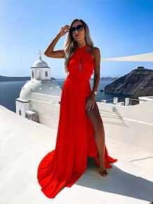 Дамска дълга сатенена рокля X6545 червен 