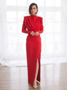 Дамска дълга рокля с цепка K09500 червен 