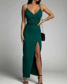Дамска елегантна рокля с цепка X6453 тъмно зелен 