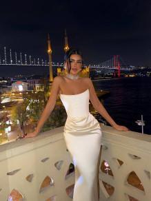 Дамска дълга сатенена рокля ATE4380 cream