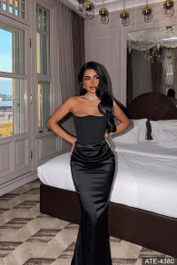 Дамска дълга сатенена рокля ATE4380 black