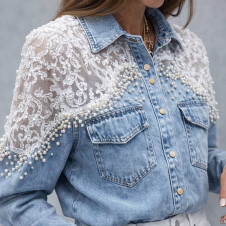 Дамска дънкова риза-яке с дантела и перли TR0797 blue