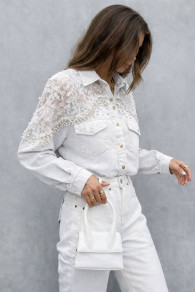 Дамска дънкова риза-яке с дантела и перли TR0797 white