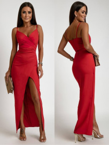Дамска елегантна рокля с цепка X6453 червен 