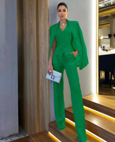 Дамски комплект 3 части - панталон, сако и елек X6447 зелен 