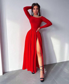 Дамска дълга рокля с ефекти цепки LP5104 червен 