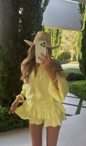 Дамски ефирен сет от риза и панталонки ESA6041 жълт 