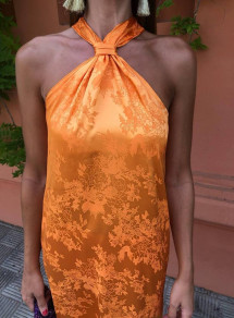Дамска елегантна рокля с цепка K9159 оранжев 
