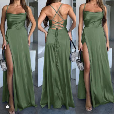 Дамска дълга сатенена рокля A1694 маслено зелен 