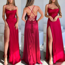 Дамска дълга сатенена рокля A1694 червен 
