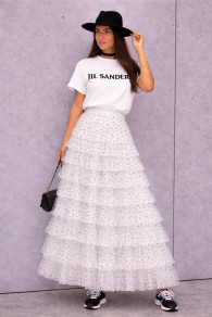 Дамска дълга тюлена пола на точки SJ12820 бял