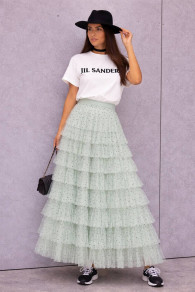 Дамска дълга тюлена пола на точки SJ12820 мента 