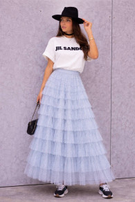 Дамска дълга тюлена пола на точки SJ12820 светло син 