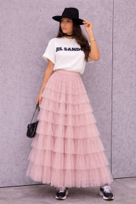 Дамска дълга тюлена пола на точки SJ12820 розов 