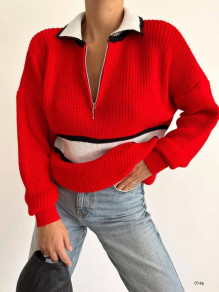 Дамски пуловер с цип и яка E0148 червен 