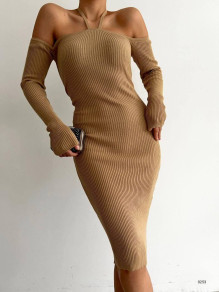 Дамска ефектна рокля трико E0253 камел