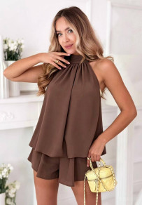 Дамски къс гащеризон K6660 кафяв