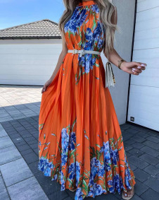 Дамска дълга рокля с флорални мотиви FG1425 оранжев 