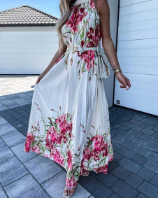 Дамска дълга рокля с флорални мотиви FG1425 бял 
