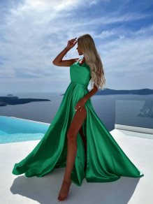 Дамска сатенена рокля с цепка A1085 зелен 
