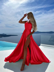 Дамска сатенена рокля с цепка A1085 червен 