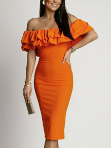 Дамска рокля с лодка деколте K6467 оранжев 