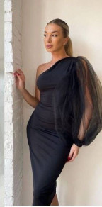 Дамска елегантна рокля с един ръкав H4103 черен