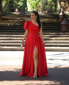 Дамска сатенена рокля с цепка L8833 червен 