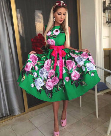 Дамска разкроена рокля с флорален десен H9234 зелен 