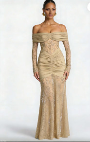 Дамска дълга дантелена рокля S45640 beije