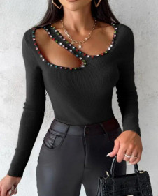 Дамска ефектна блуза с кристали J68002 черен