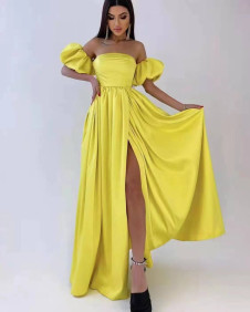Дамска дълга сатенена рокля L8513 жълт 