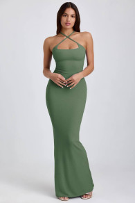 Дамска дълга рокля E1812 маслено зелен