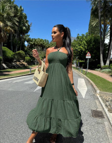 Дамска рокля с ластик 5056 маслено зелен 