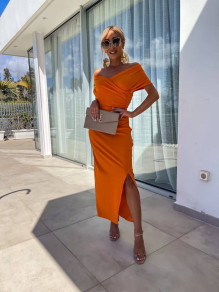 Дамска елегантна рокля с цепка K24048 оранжев 