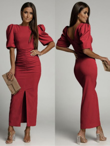 Дамска елегантна рокля с набор и цепка K5803 червен 