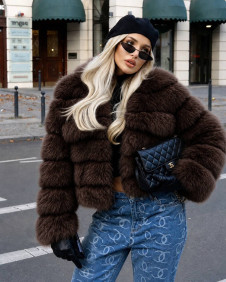 Дамско пухкаво палто T66030 кафяв
