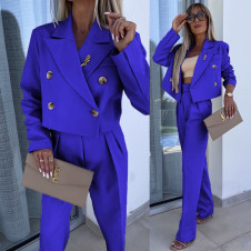 Дамски елегантен комплект сако и панталон K23252 син