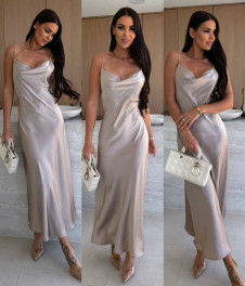 Дамска дълга сатенена рокля L9342 бежов